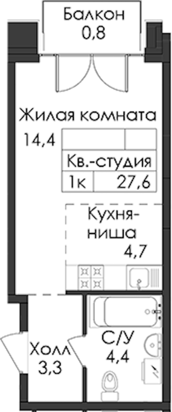 Квартира студия 27.6 м², 7/9 эт., ЖК «Лермонтовский 54»